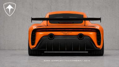 نمای از پشت خودروی اسپرت نارنجی رنگ پروژه ۷۵۴ از شرکت Angelelli Automobili با بال عقب بزرگ و اگزوز دوگانه.