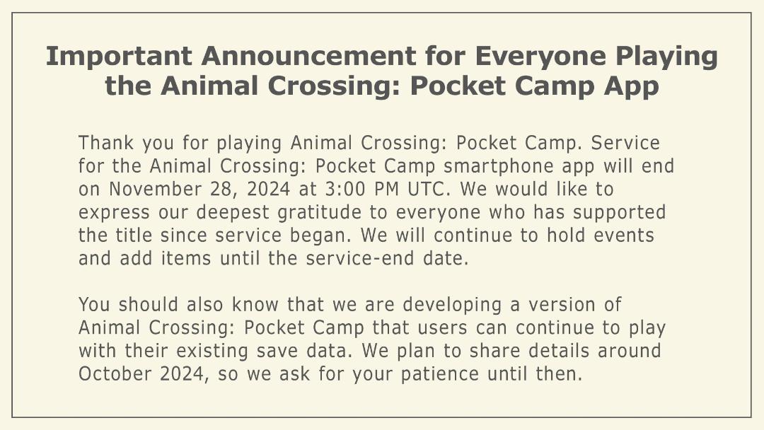 بیانیه‌ای نینتندو در ارتباط با تعطیلی بازی Animal Crossing: Pocket Camp