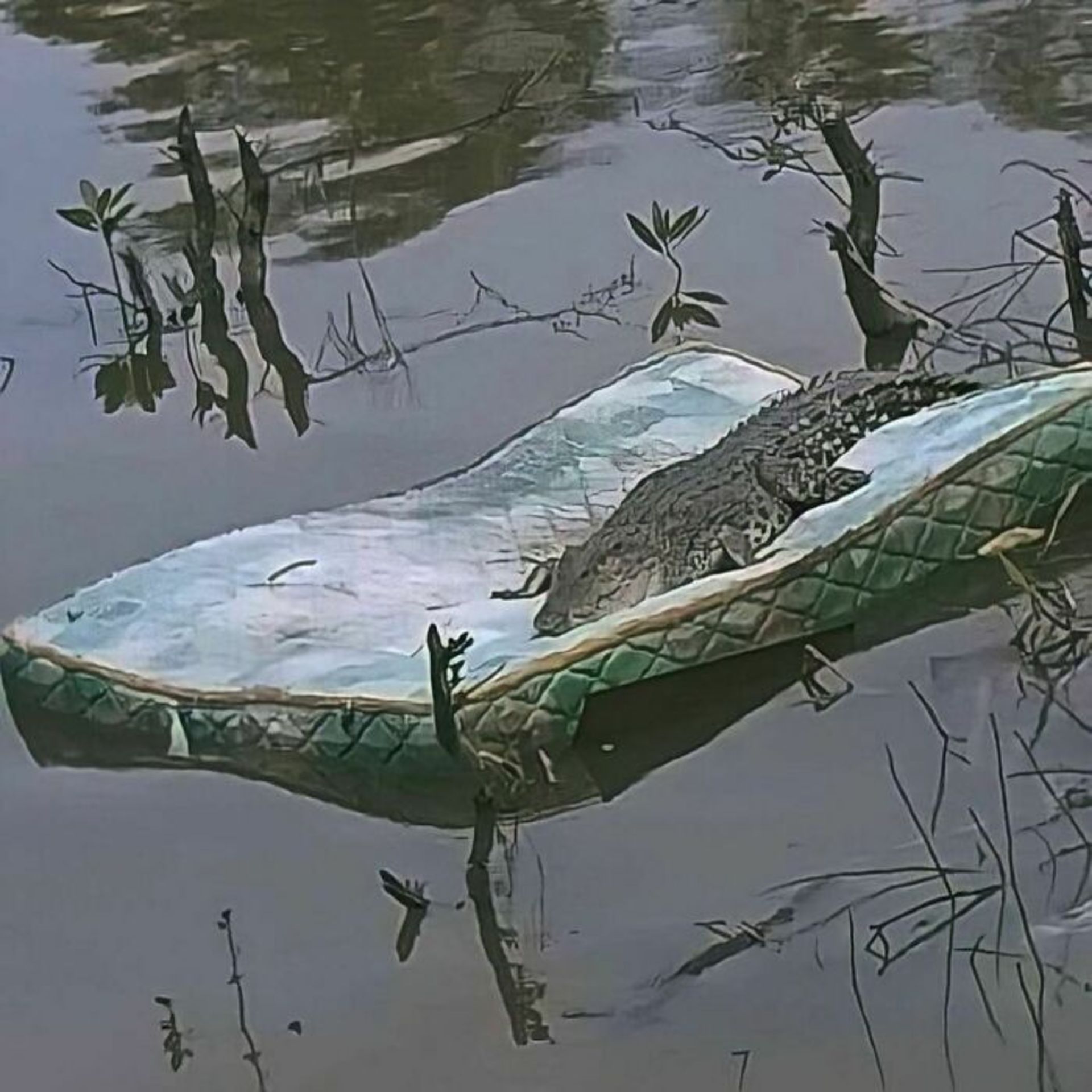 تمساح روی دشک در دریاچه