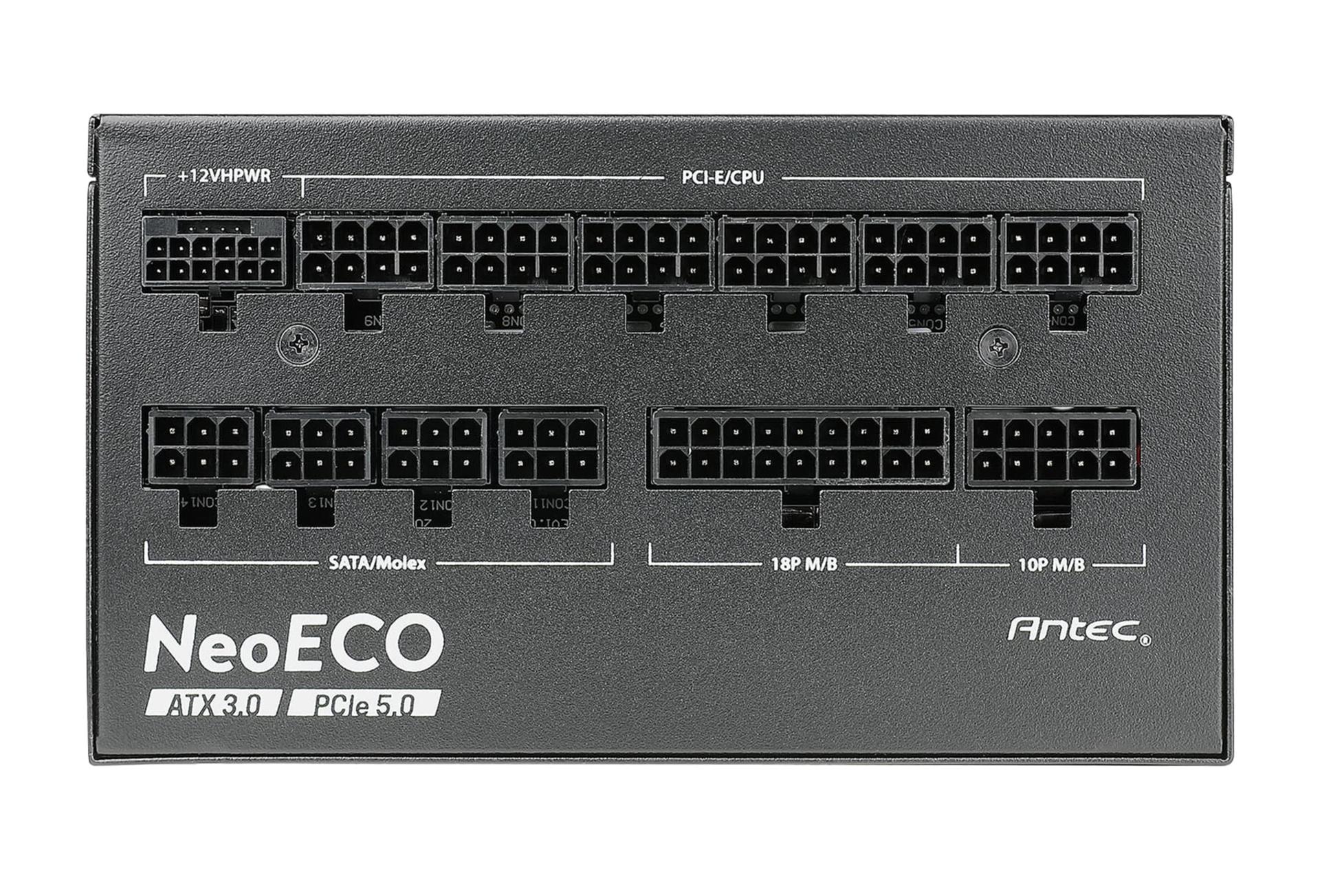 نمای پنل اتصالات پاور کامپیوتر انتک NE1000G M ATX 3.0 با توان 1000 وات با نمایش لوگو