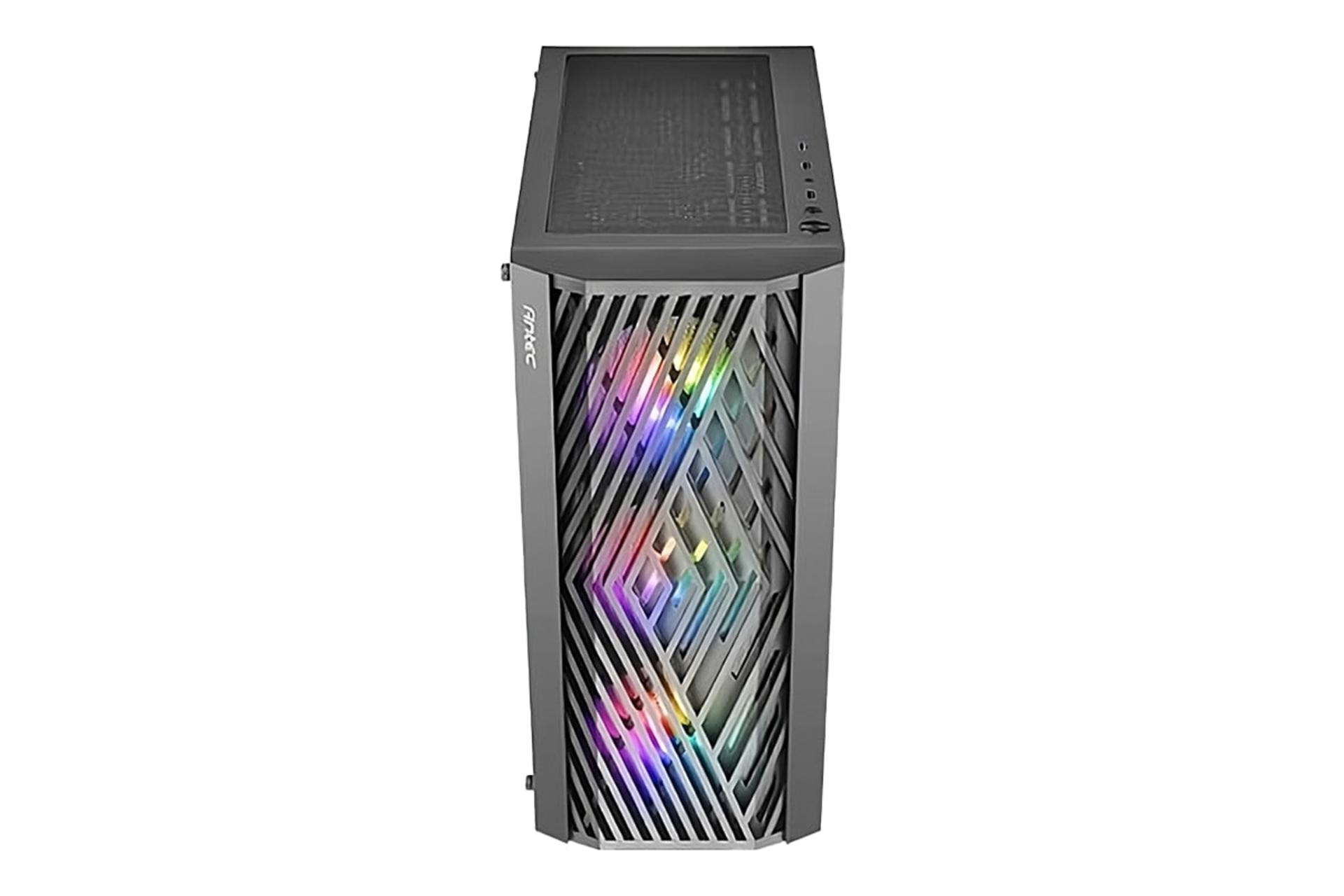 نمای پنل جلو و بالای کیس کامپیوتر انتک NX291 با نمایش لوگو و درگاه ها