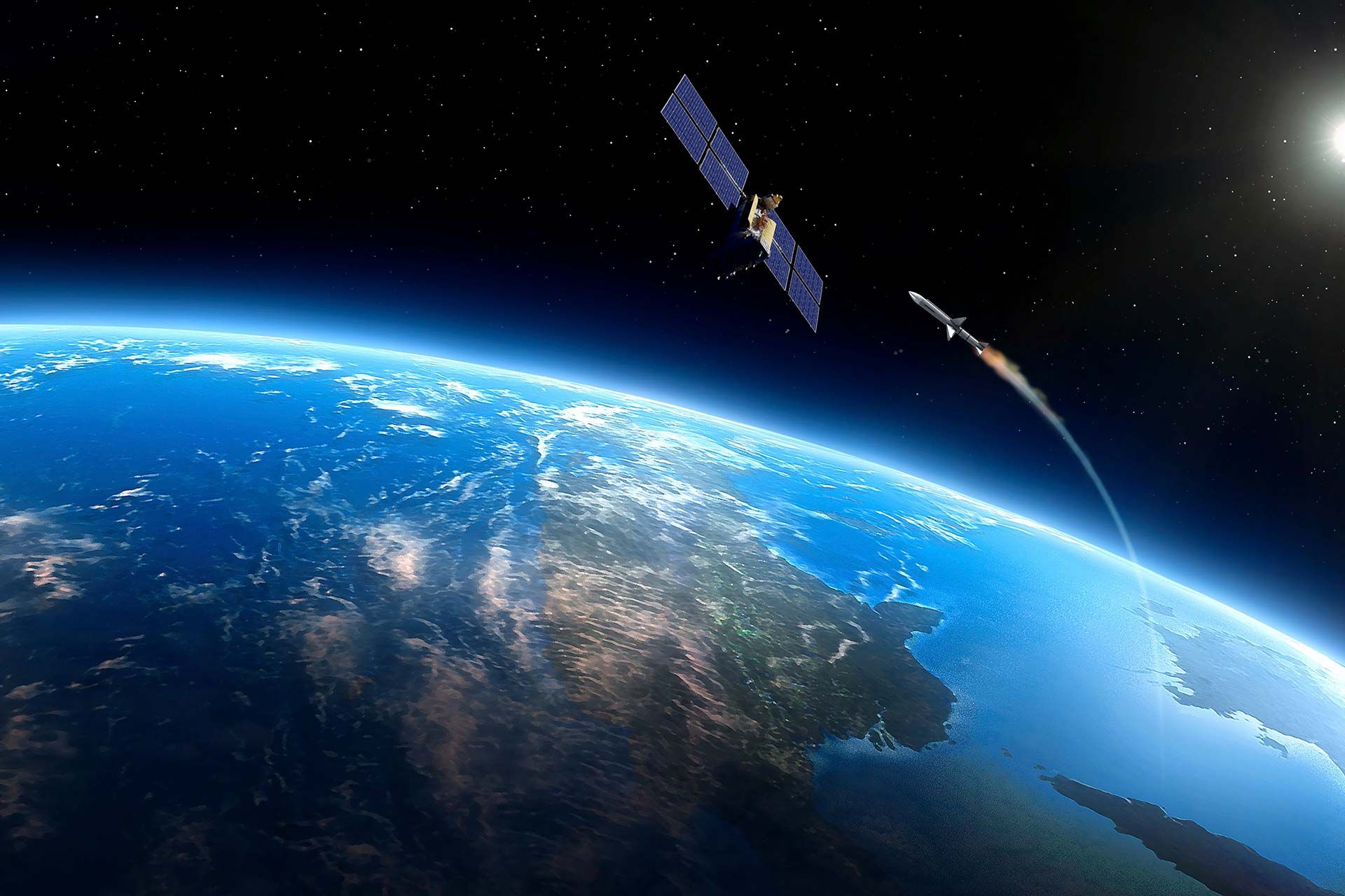 تصویرسازی از موشک ضدماهواره درحال برخورد با ماهواره در مدار زمین