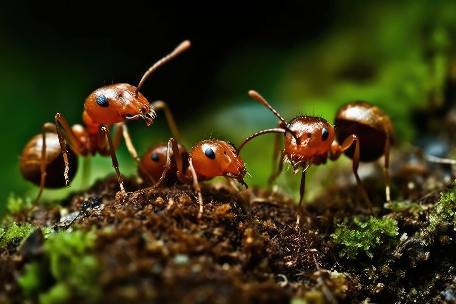 گروهی از مورچه‌ها روی خاک و گیاهان سبز