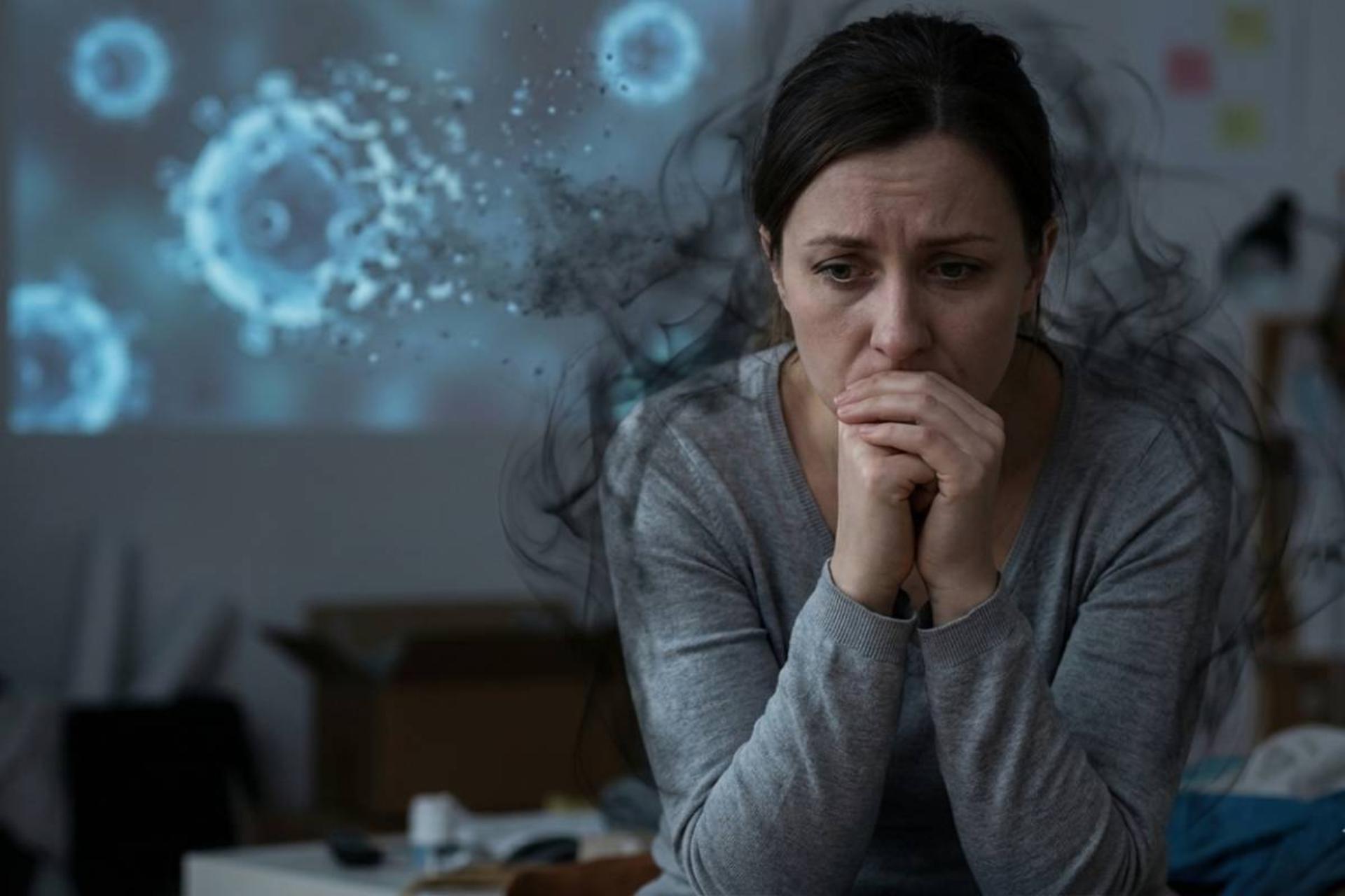 فرد مضطرب که توسط هاله تاریکی از استرس احاطه شده است.