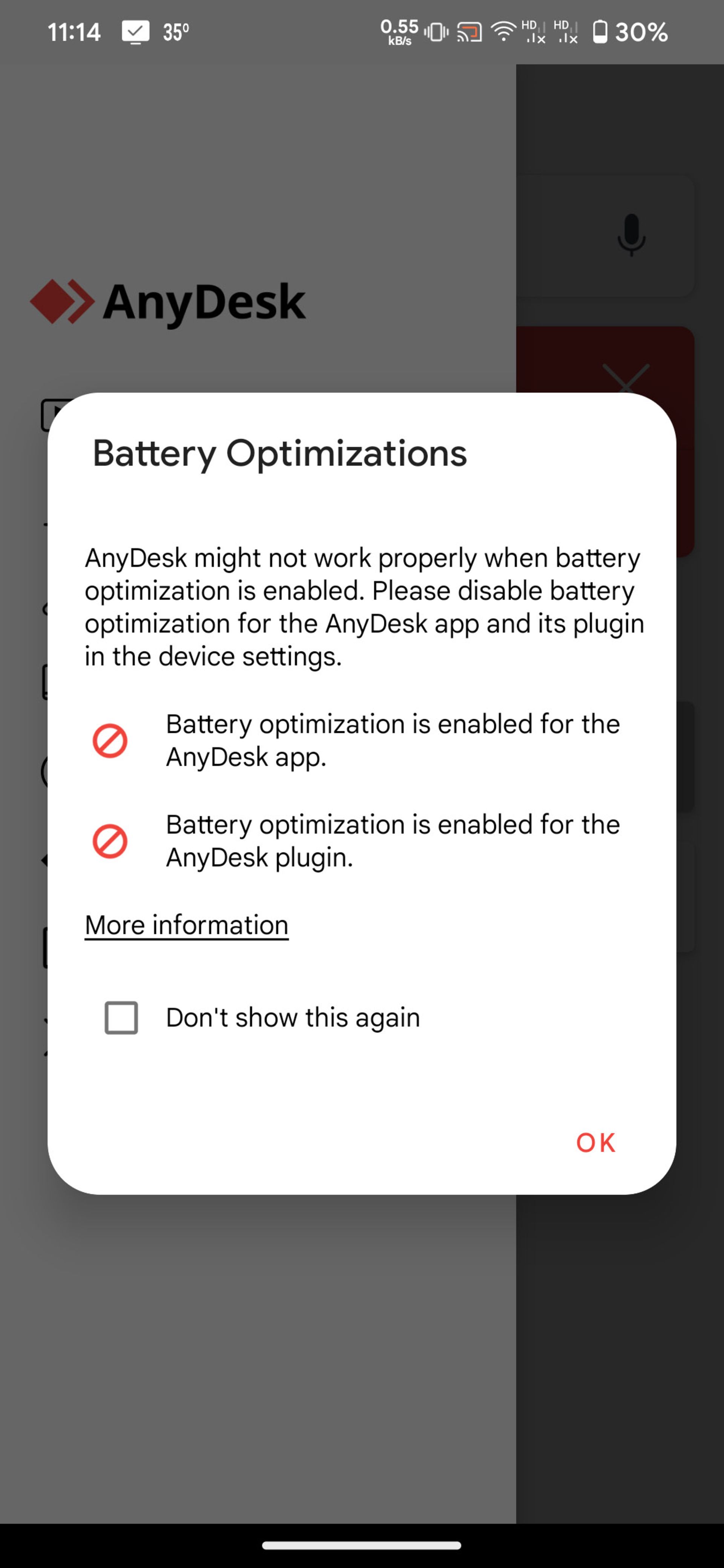 اعلان Battery Optimization برای انی‌دسک در اندروید 