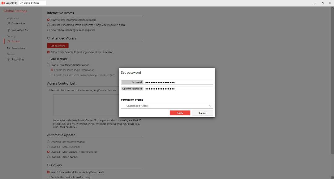 انتخاب پسورد برای قابلیت Unattended Access در انی دیسک 