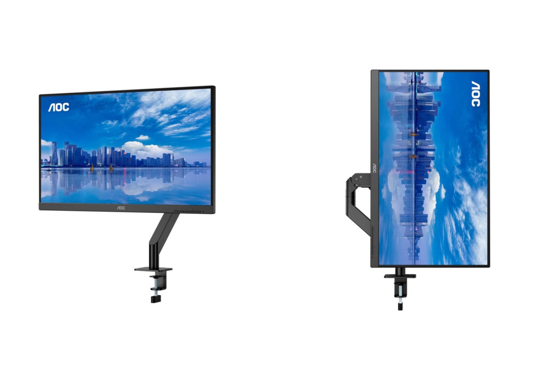 دو مانیتور با پایه‌ی ارگونومیک AOC U27P3UB در کنار هم