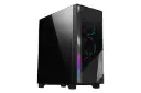 نمای نیمرخ کیس کامپیوتر گیگابایت AORUS C500 GLASS با نمایش پنل شیشه‌ای دودی و نورپردازی فن ها و لوگوی پنل جلو