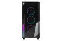 نمای رو به روی کیس کامپیوتر گیگابایت AORUS C500 GLASS با نمایش پنل مش جلو و نورپردازی فن ها و لوگوی پنل جلو