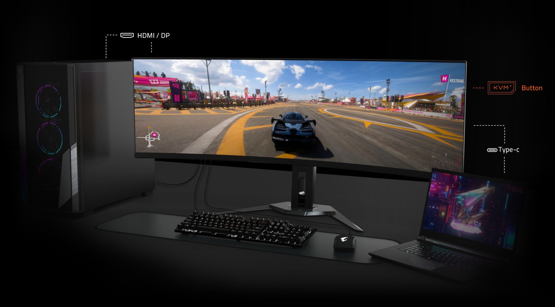 مانیتور گیمینگ آئوروس CO49DQ در کنار لپ‌تاپ و PC