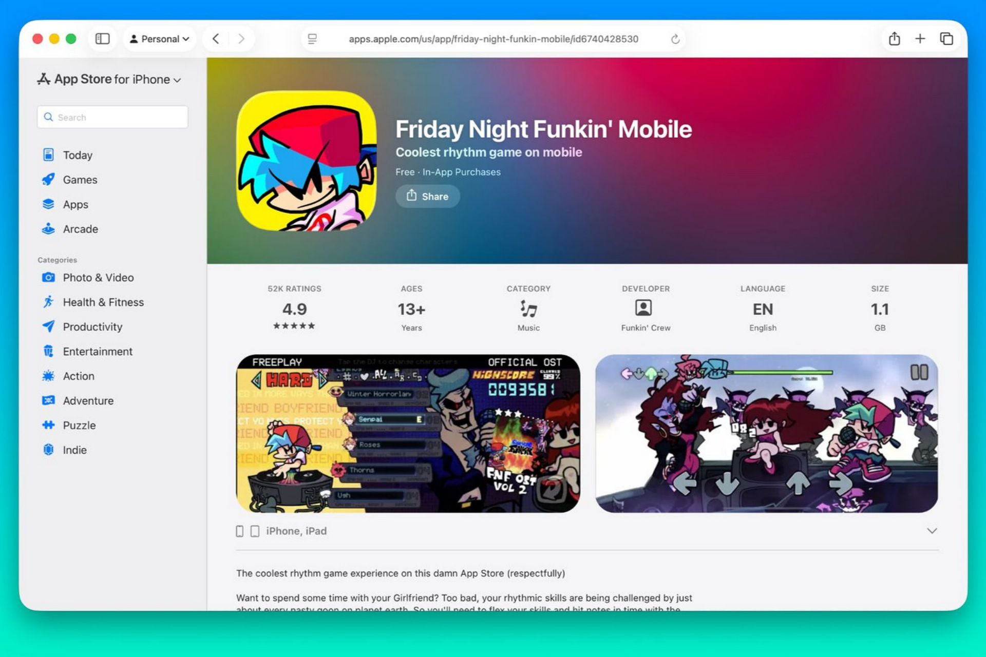 صفحه‌ی یک بازی در نسخه وب اپ استور