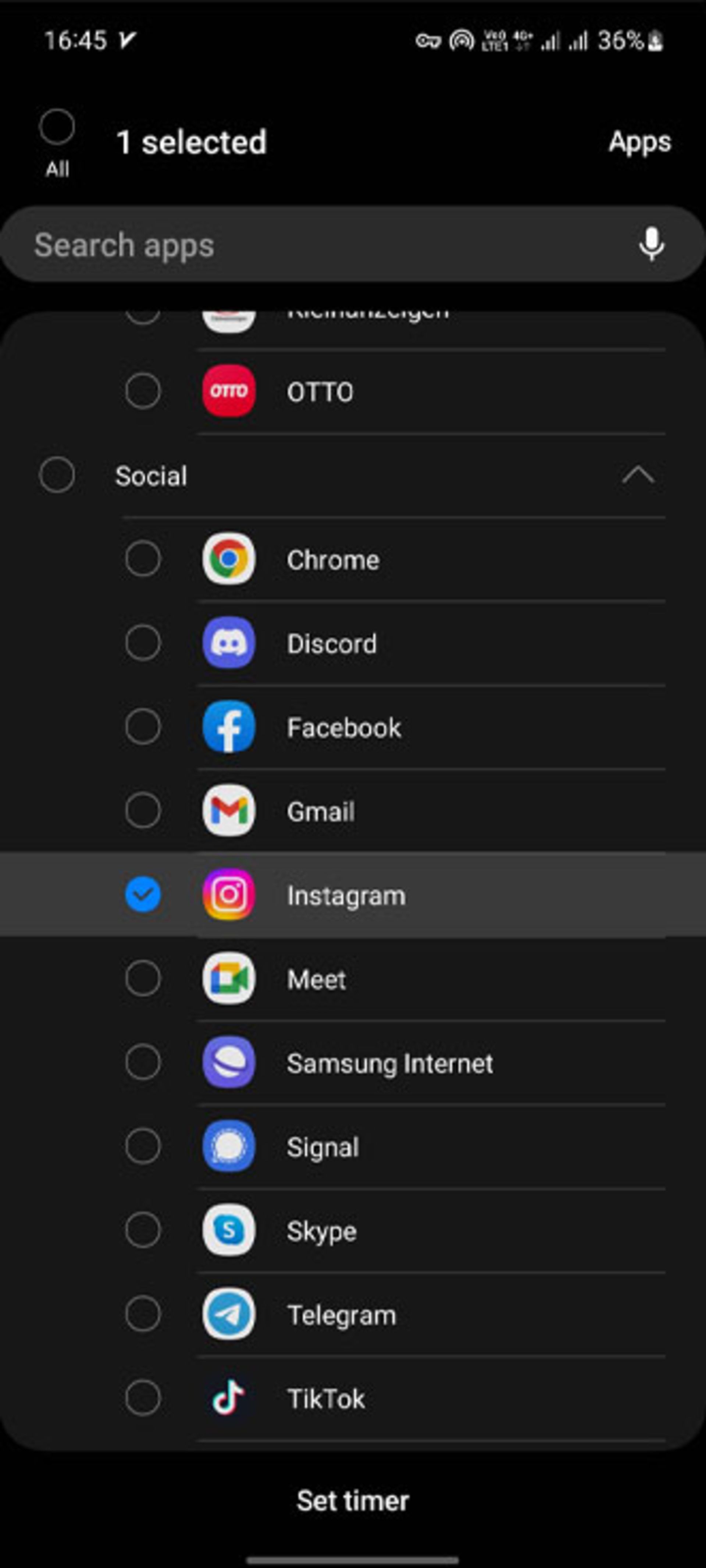 فهرست برنامه‌ها در App timer