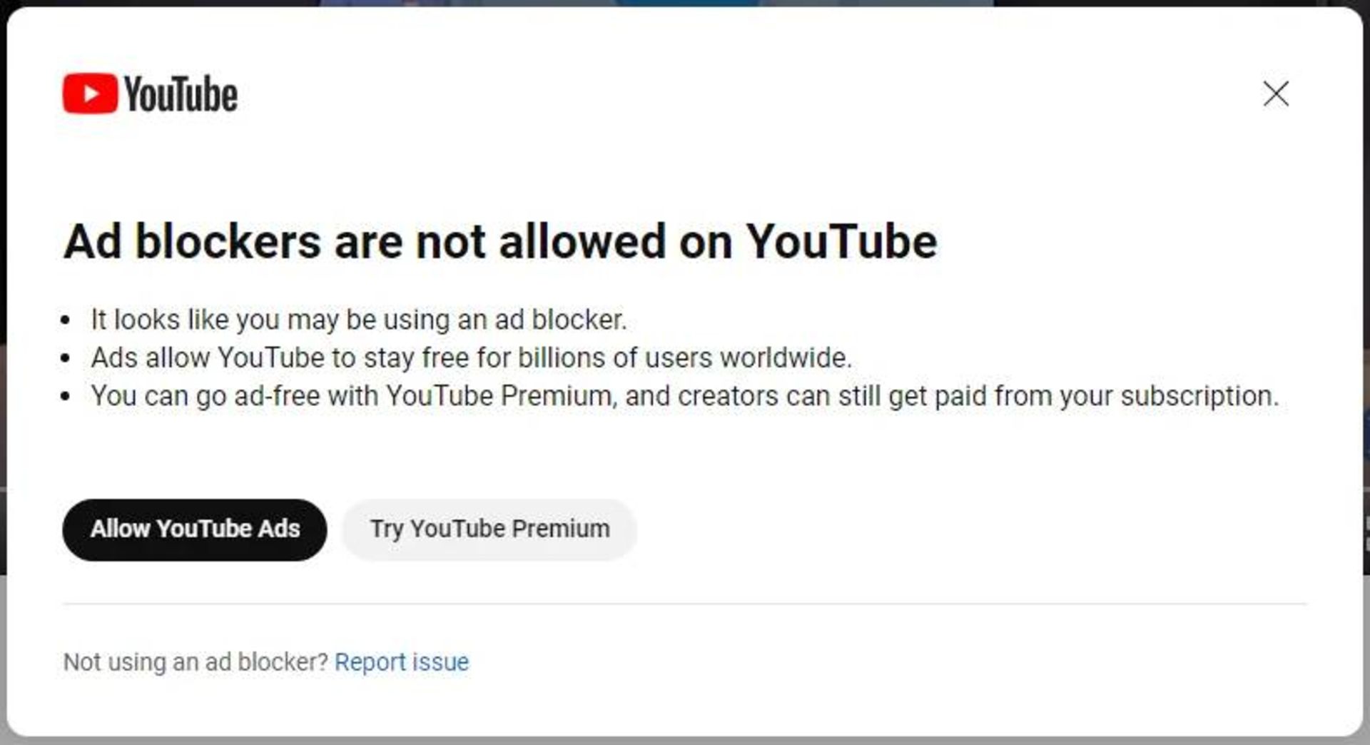 پیام یوتیوب برای عدم استفاده از مسدودساز تبلیغات