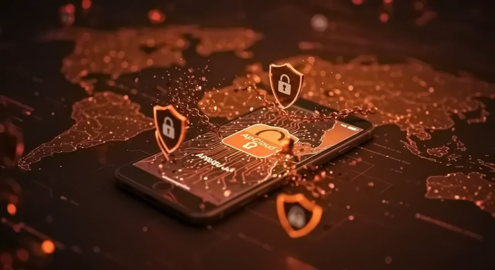 تصویر گرافیکی خظر سایبری: یک گوشی با اپلیکیشن AppCloud  روی نقشه جهان