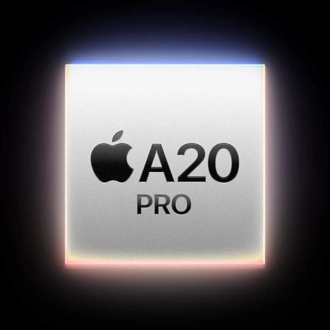 تراشه قدرتمند A20 Pro (A20 Pro) اپل با لوگوی مشکی روی زمینه نقرهای
