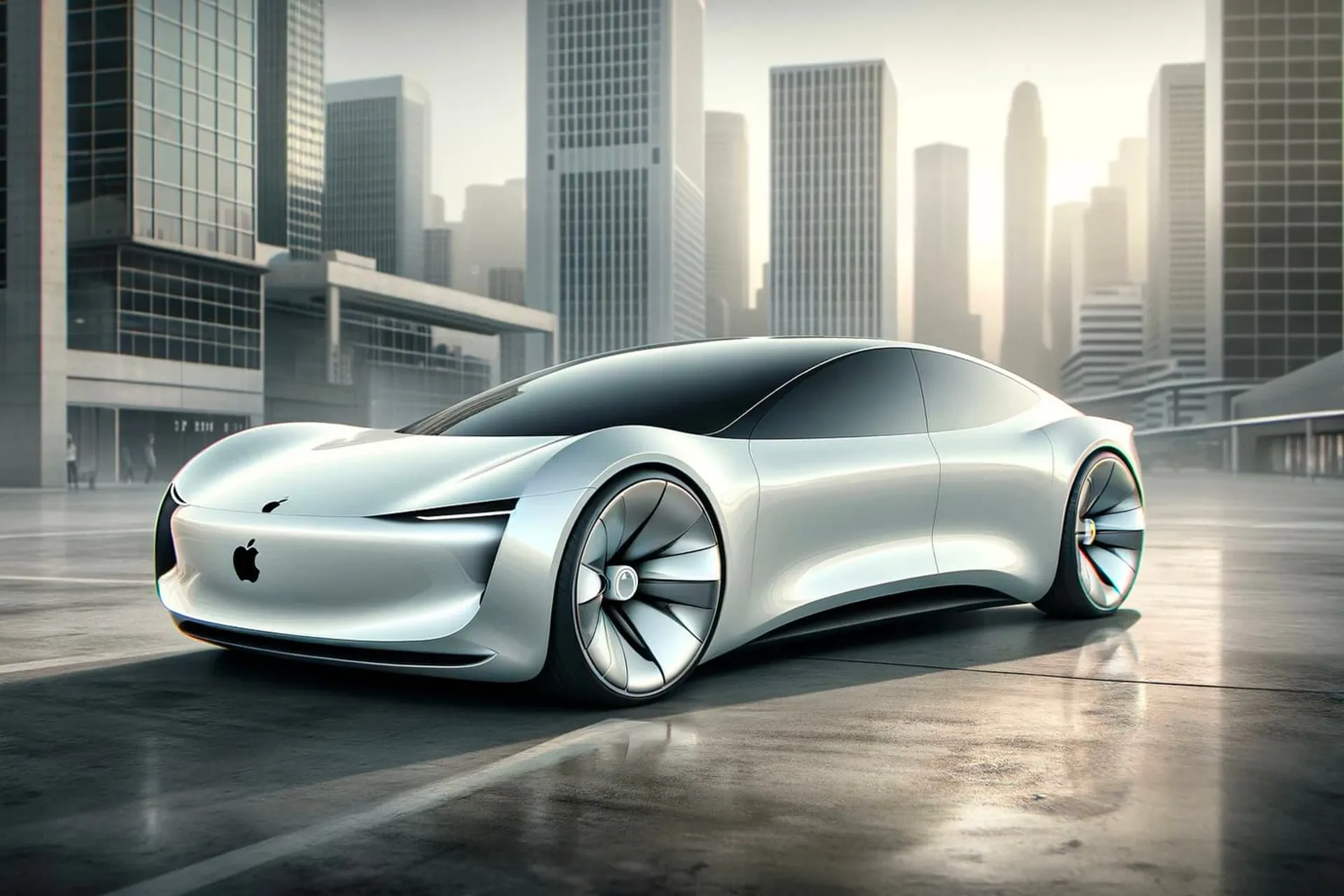 کانسپت اپل کار / Apple Car خودرو برقی نمای جلو داخل شهر غیررسمی