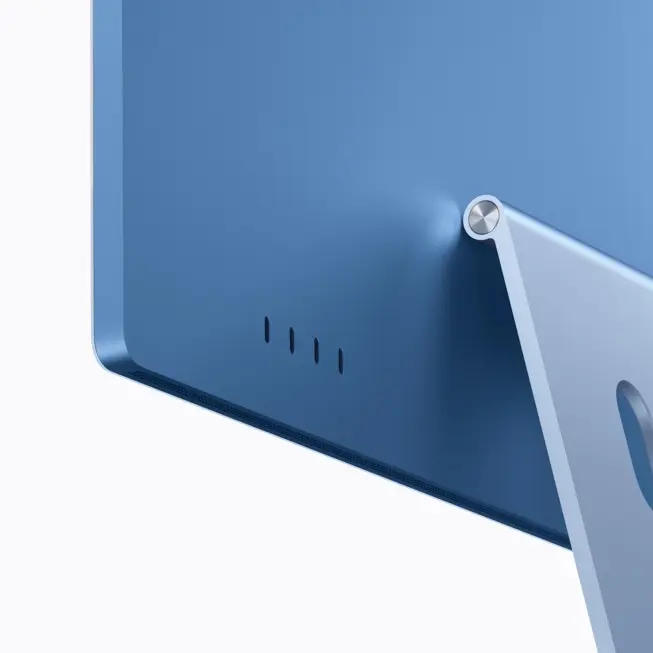 بدنه آبی رنگ کامپیوتر آی‌مک (iMac) ۲۰۲۶ و پایه ایستاده آن
