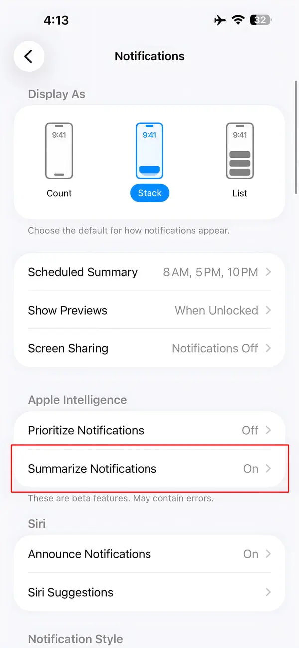 تنظیمات اعلان‌ها در گوشی آیفون با قابلیت‌های Apple Intelligence