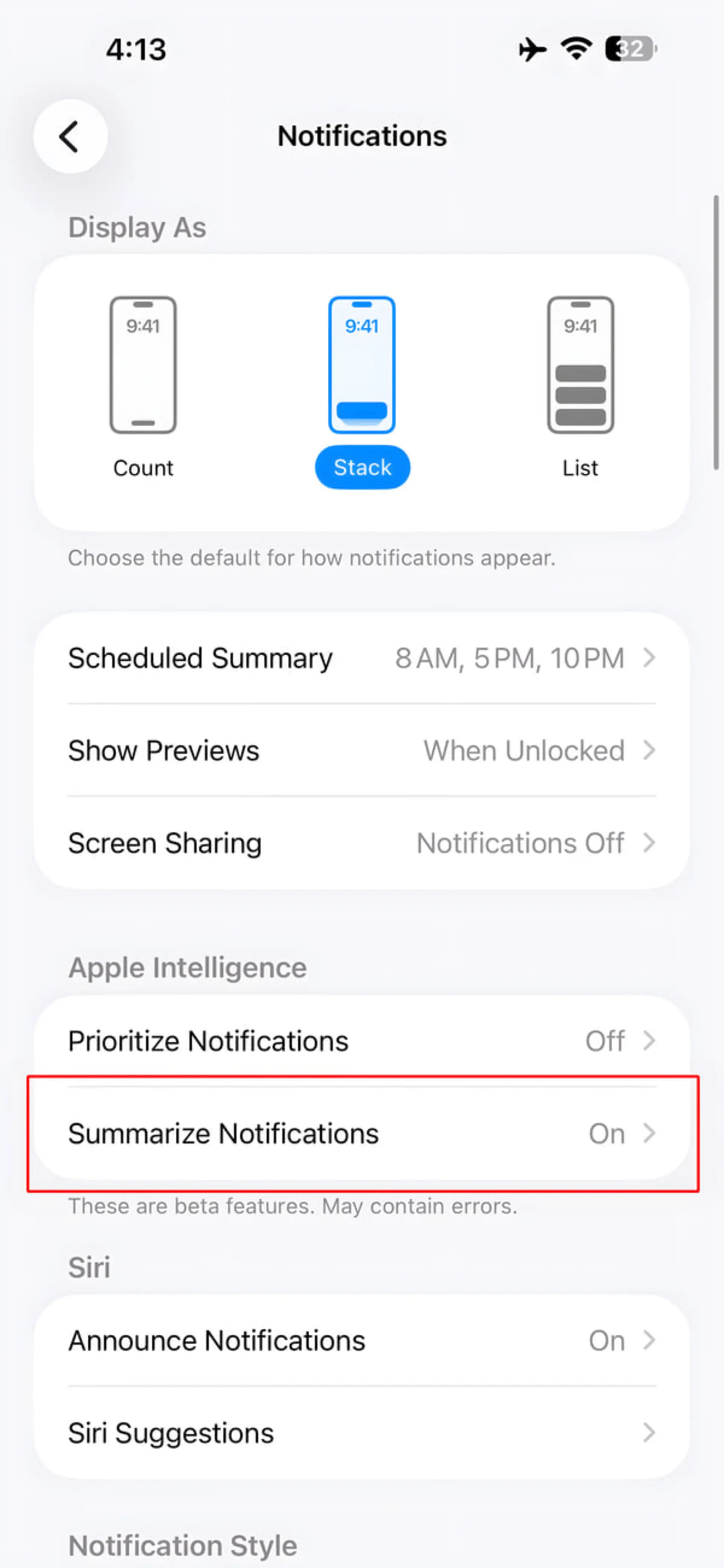 تنظیمات اعلانها در گوشی آیفون با قابلیتهای Apple Intelligence