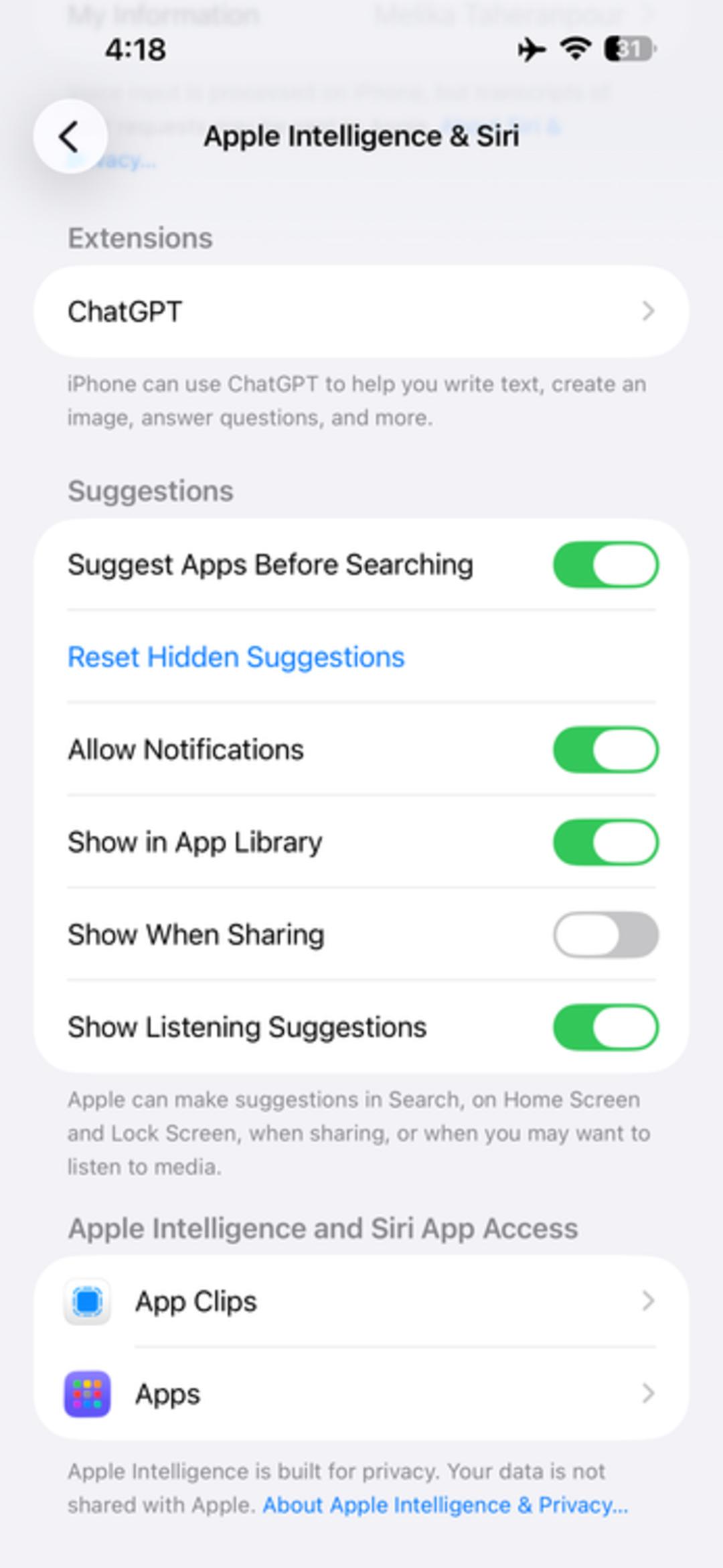 منوی تنظیمات Apple Intelligence و Siri در گوشی آیفون