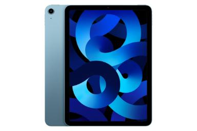 نمای کلی تبلت آیپد ایر 2022 اپل / Apple iPad Air 2022 با نمایشگر روشن و نمایش دوربین پنل پشت رنگ آبی