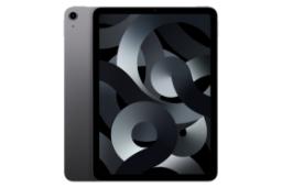 نمای کلی تبلت آیپد ایر 2022 اپل / Apple iPad Air 2022 با نمایشگر روشن و نمایش دوربین پنل پشت رنگ خاکستری تیره