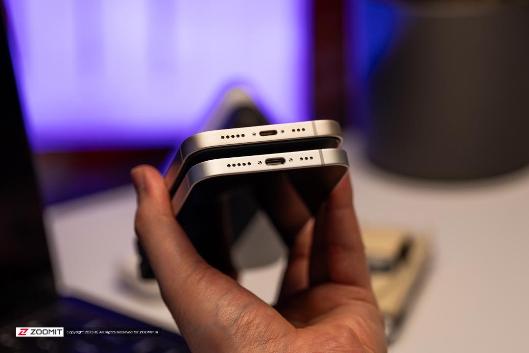 درگاه USB-C آیفون ۱۶ ای در کنار درگاه لایتنینگ آیفون ۱۳