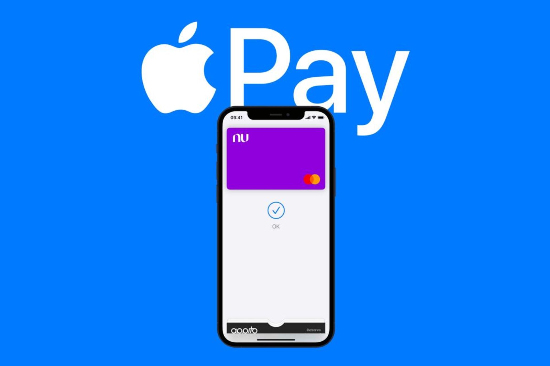 گوشی آیفون روی پس زمینه آبی که سرویس Apple pay را نشان می دهد