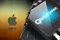 لوگوی اپل (Apple Inc) در کنار تراشه و مدارات شرکت کوالکام (Qualcomm)