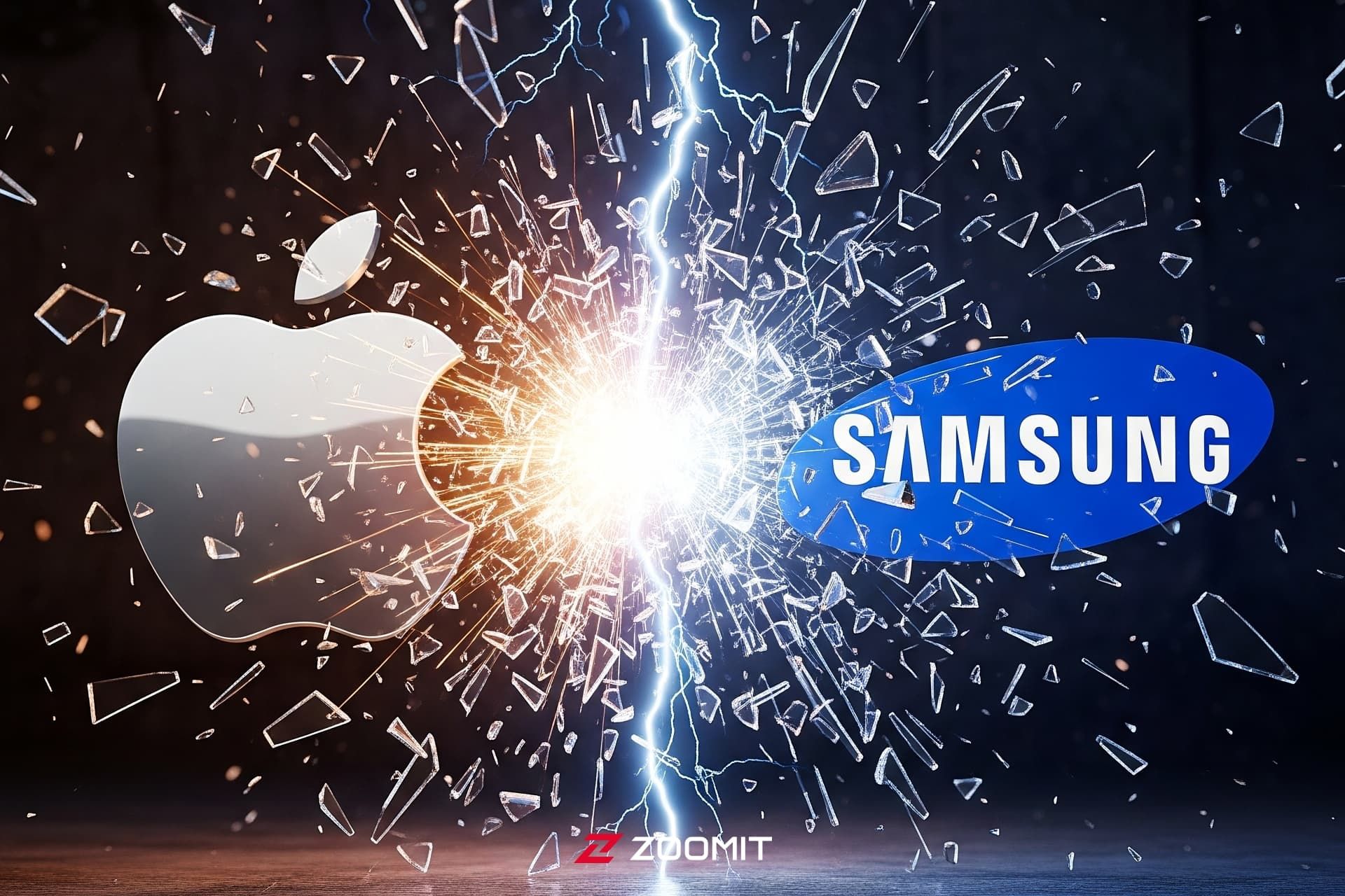 طرح هوش مصنوعی از تقابل لوگو اپل با لوگو سامسونگ 