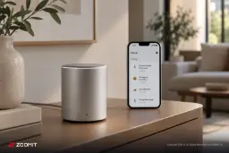 دستگاه امنیتی اپل (Apple) روی میز در کنار گوشی هوشمند