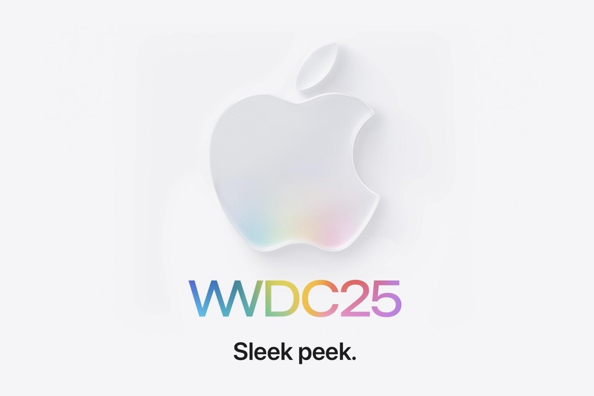 پوستر مراسم WWDC 2025 اپل سیب شفاف و نمای رنگین‌کمانی