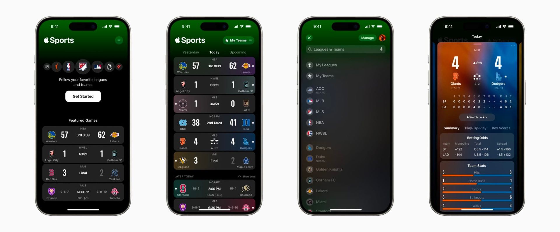 Four screenshots of the Apple Sports application