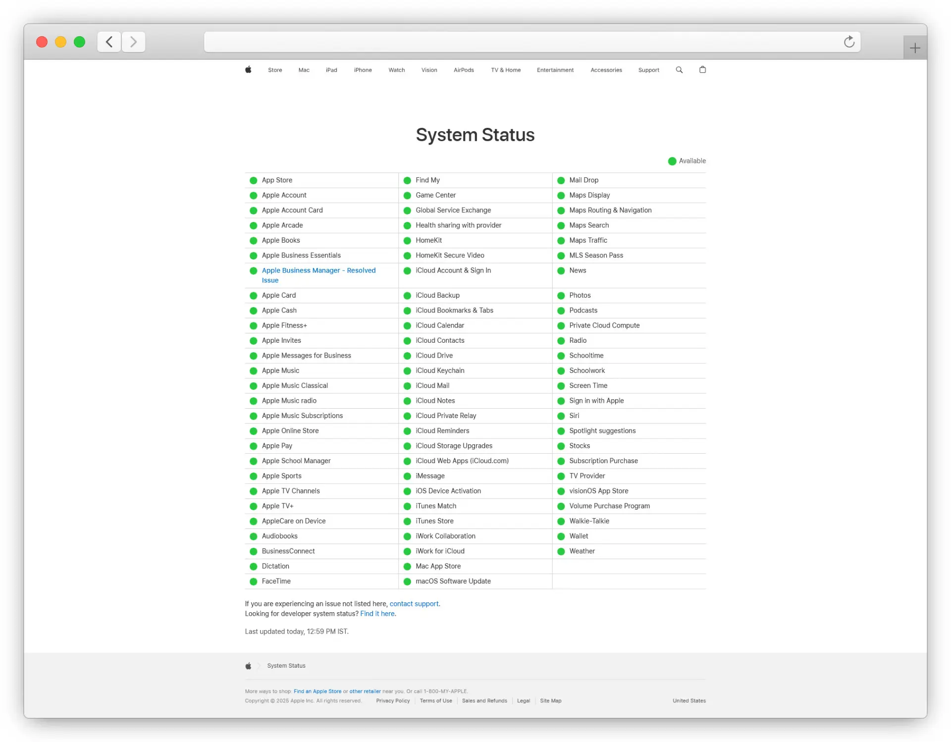 اسکرین شاتی از وبسایت system status اپل