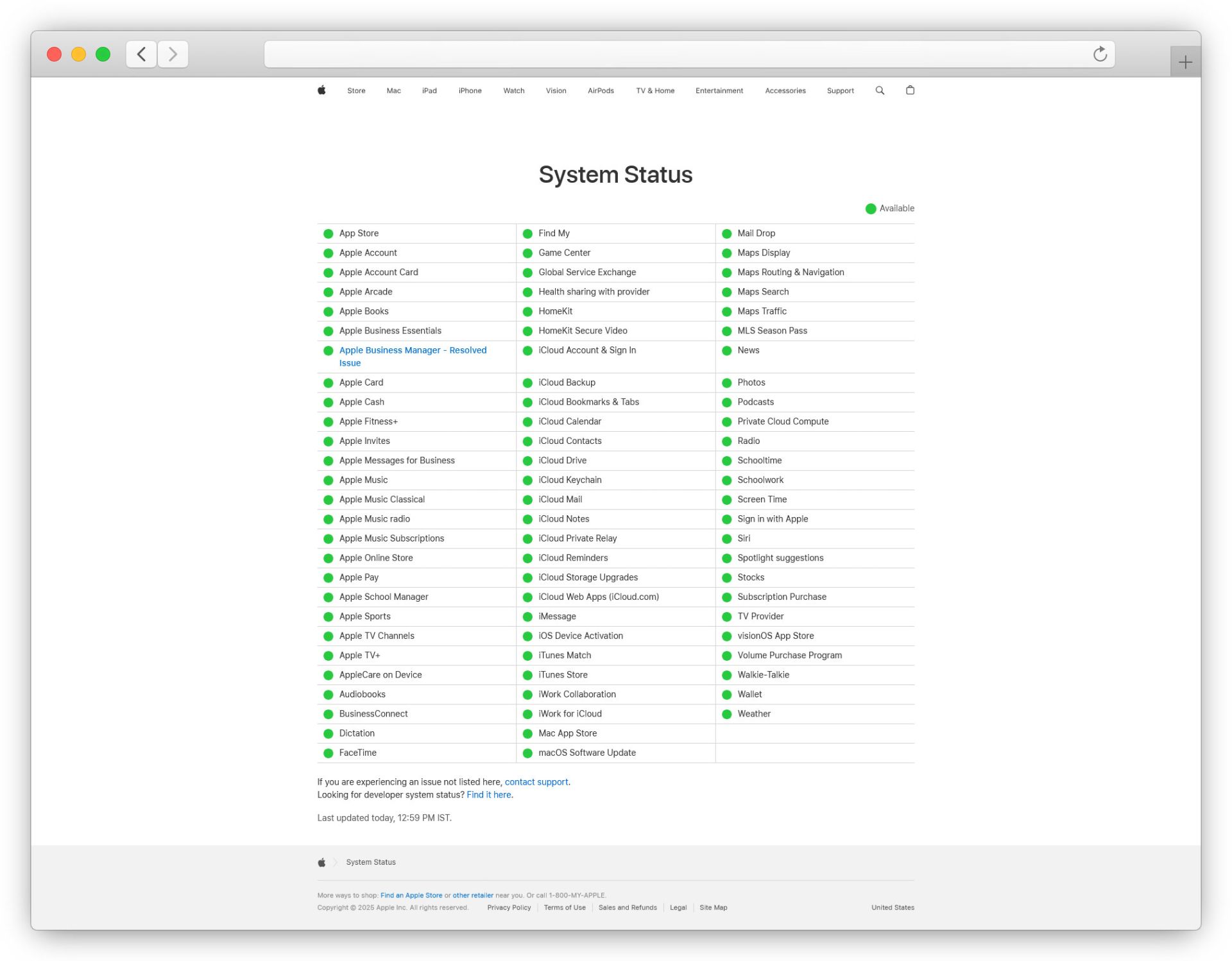 اسکرین شاتی از وبسایت system status اپل