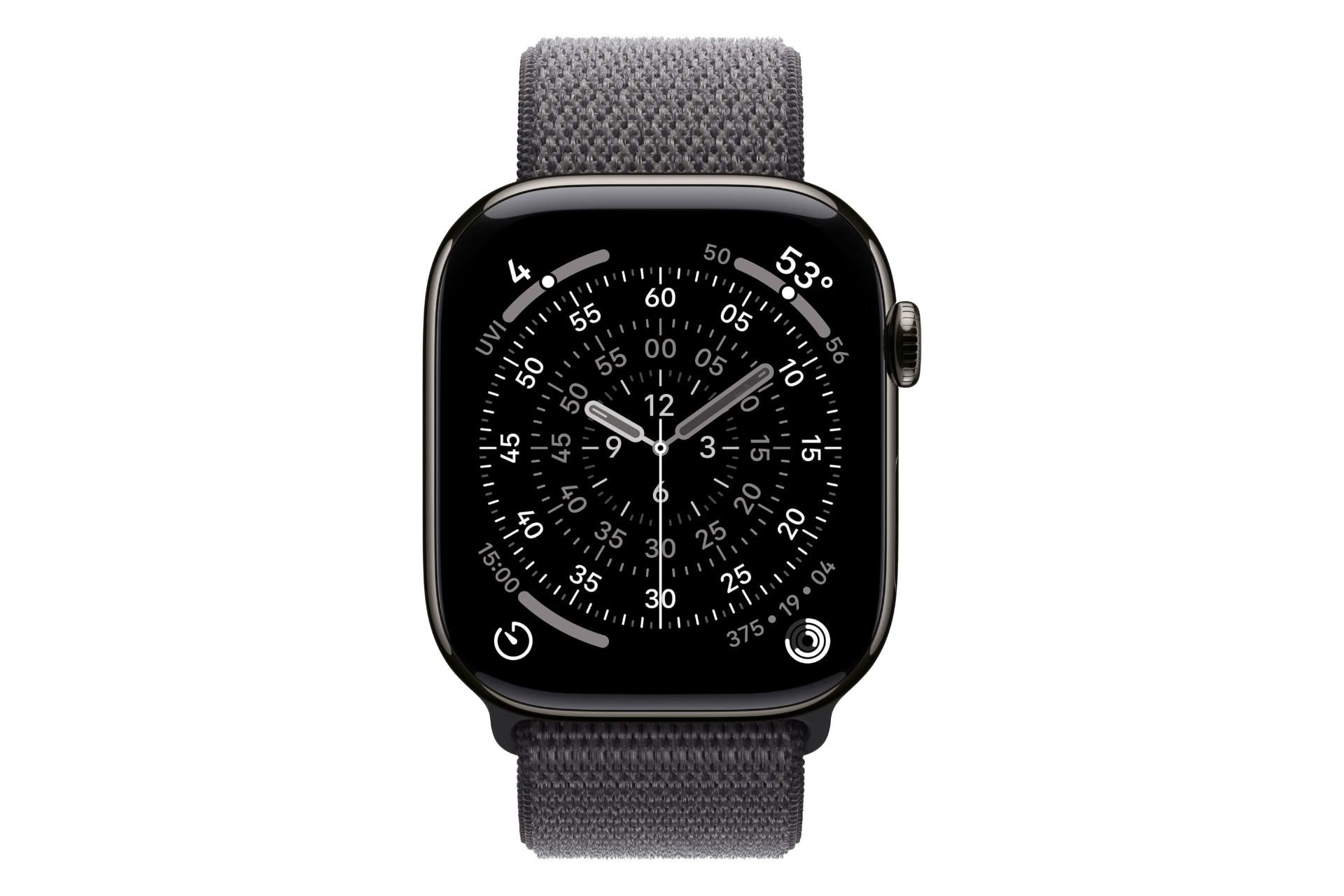 اپل واچ سری 11 تیتانیوم مدل 46 میلی‌متری مشکی از نمای روبرو / Apple Watch Series 11 46mm Titanium