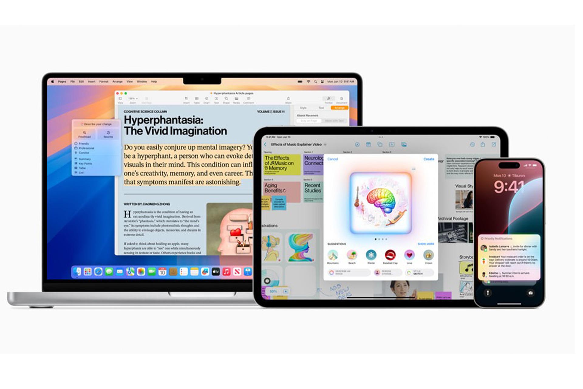 لپ‌تاپ، تبلت و گوشی اپل در کنار هم درحال نمایش هوش اپل