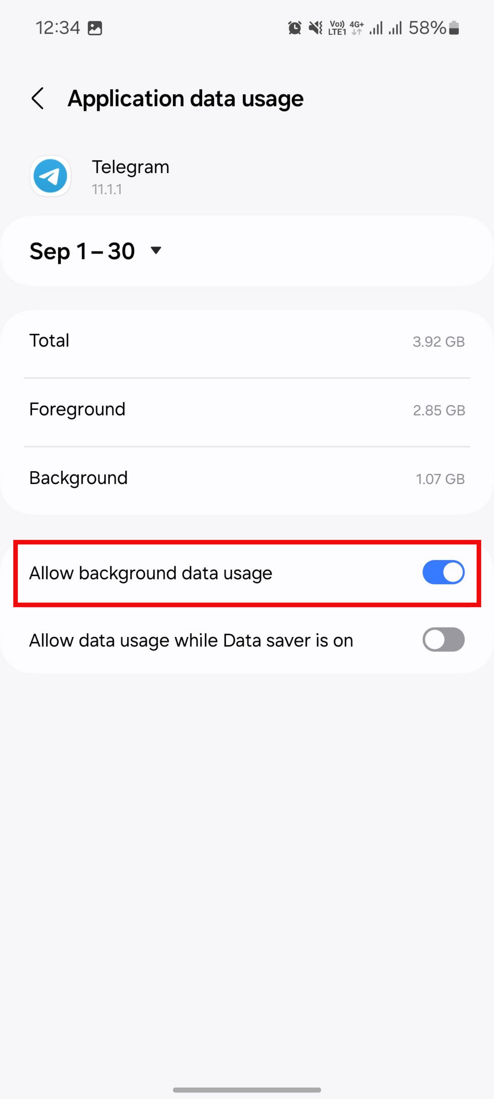 تنظیمات Application data usage