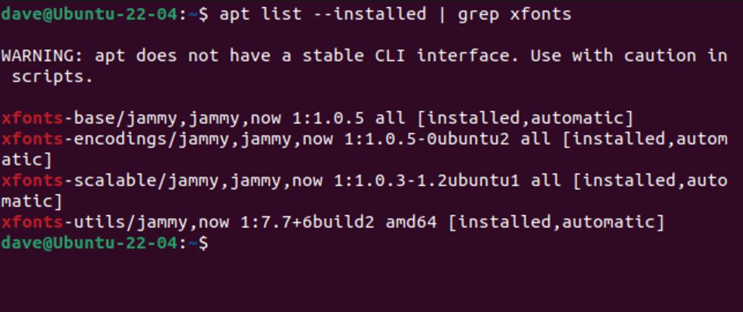 دستور apt list --installed | grep xfonts در اوبونتو و خروجی آن 