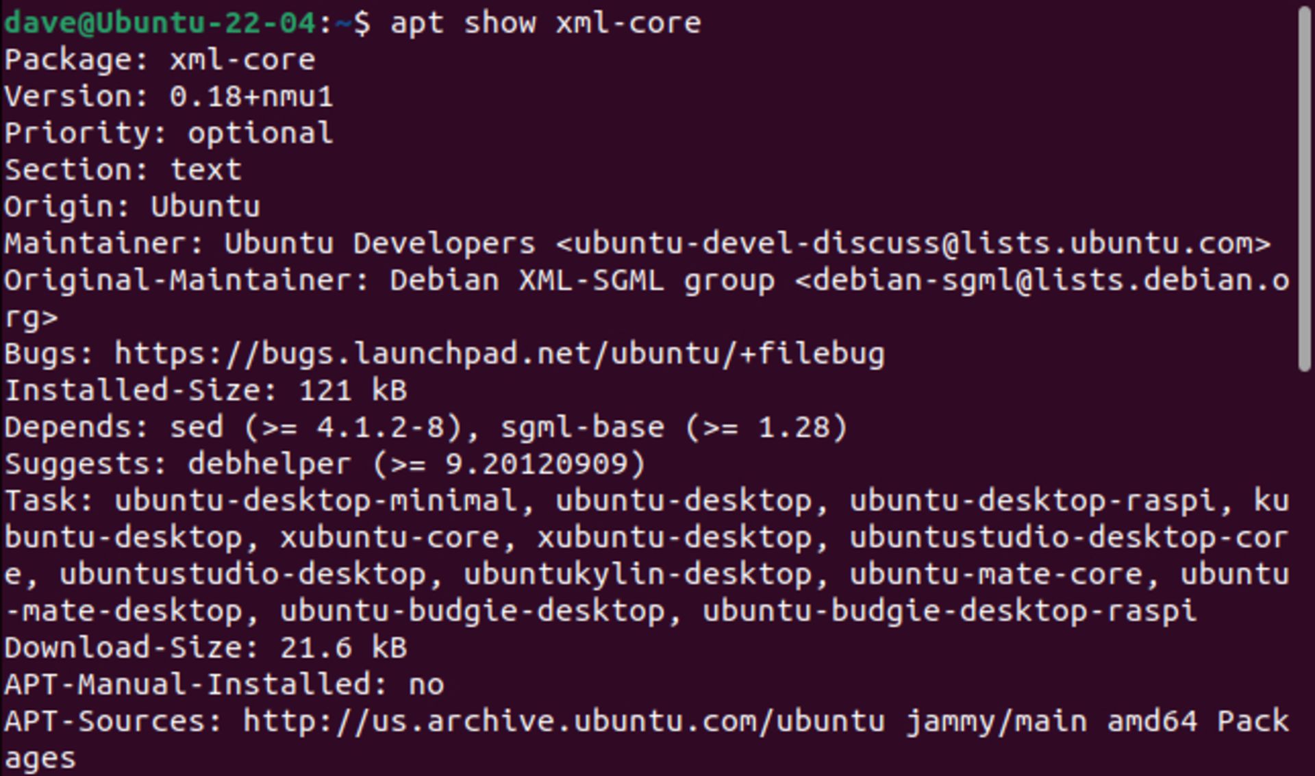 دستور apt show xml-core و خروجی آن در اوبونتو