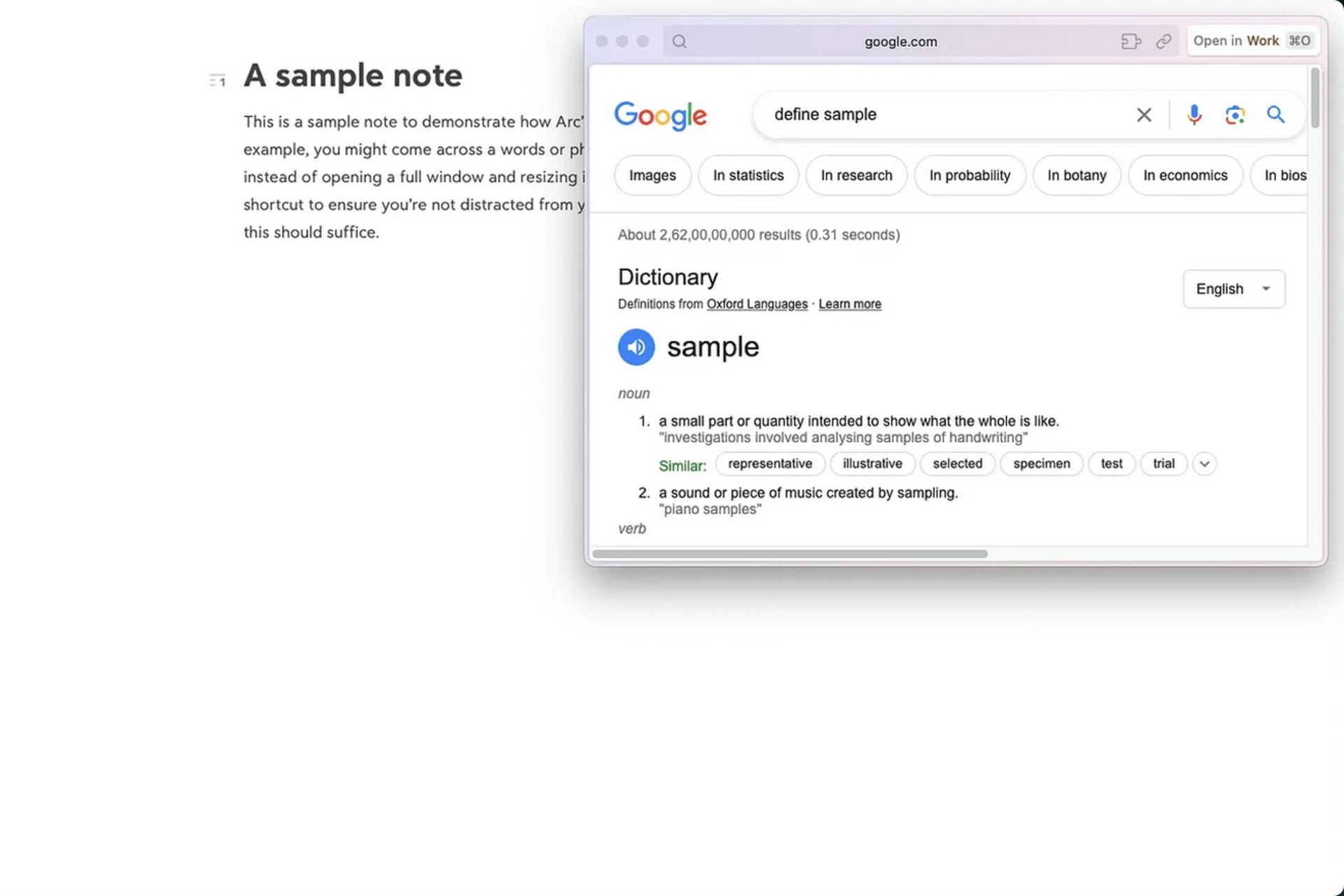 Notes section in Arc Browser