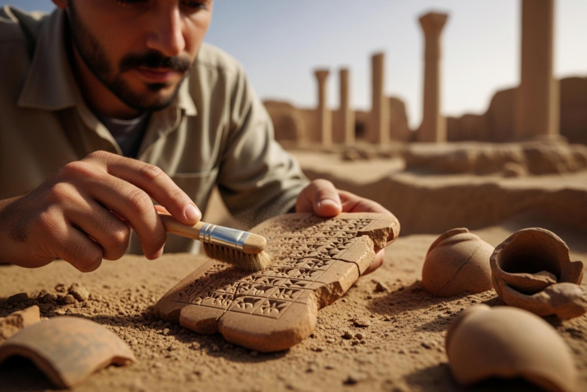 باستان‌شناس در حال کشف لوح گلی باستانی