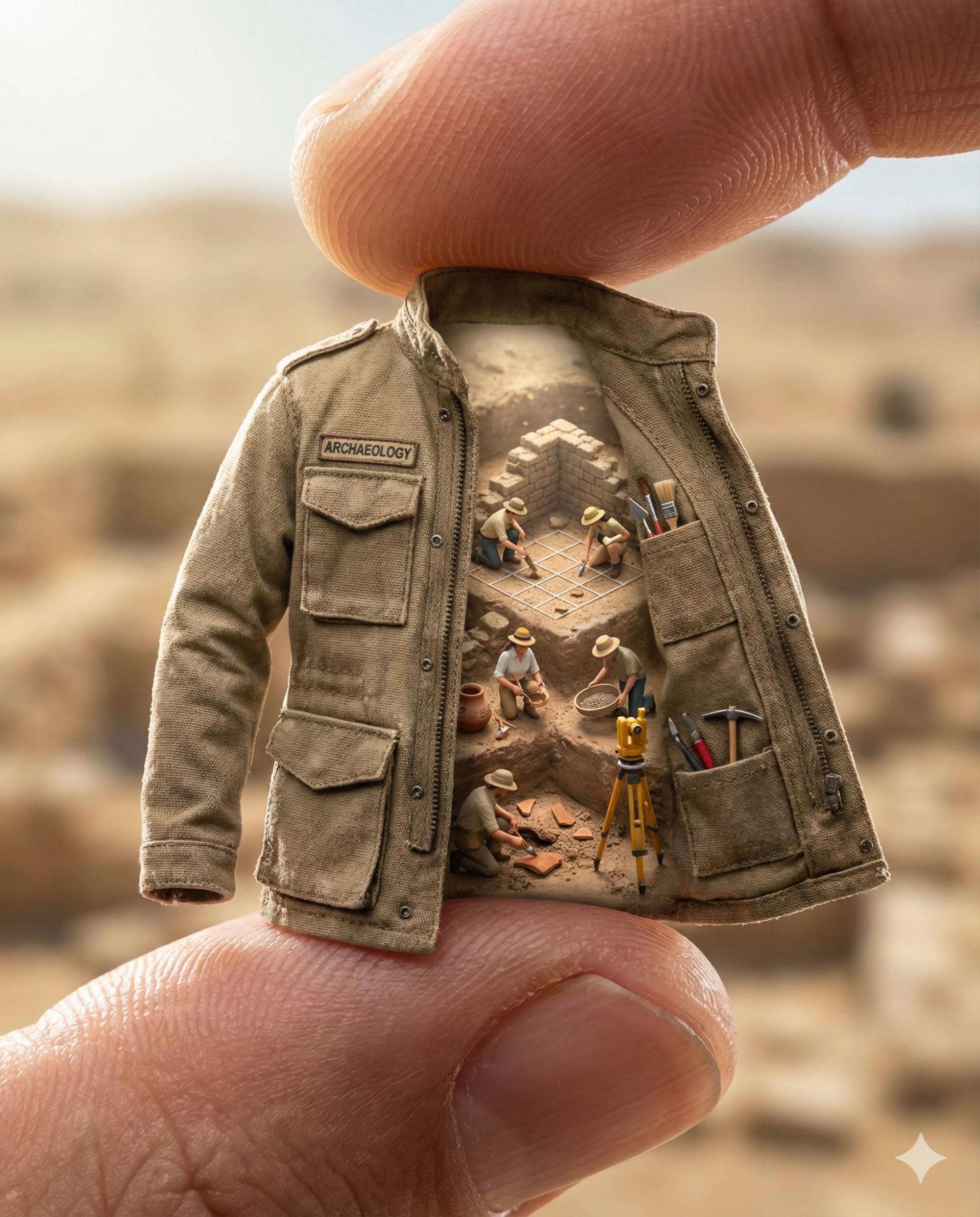 یک کت باستان شناسی با دیورامای باستان‌شناسان درحال کار