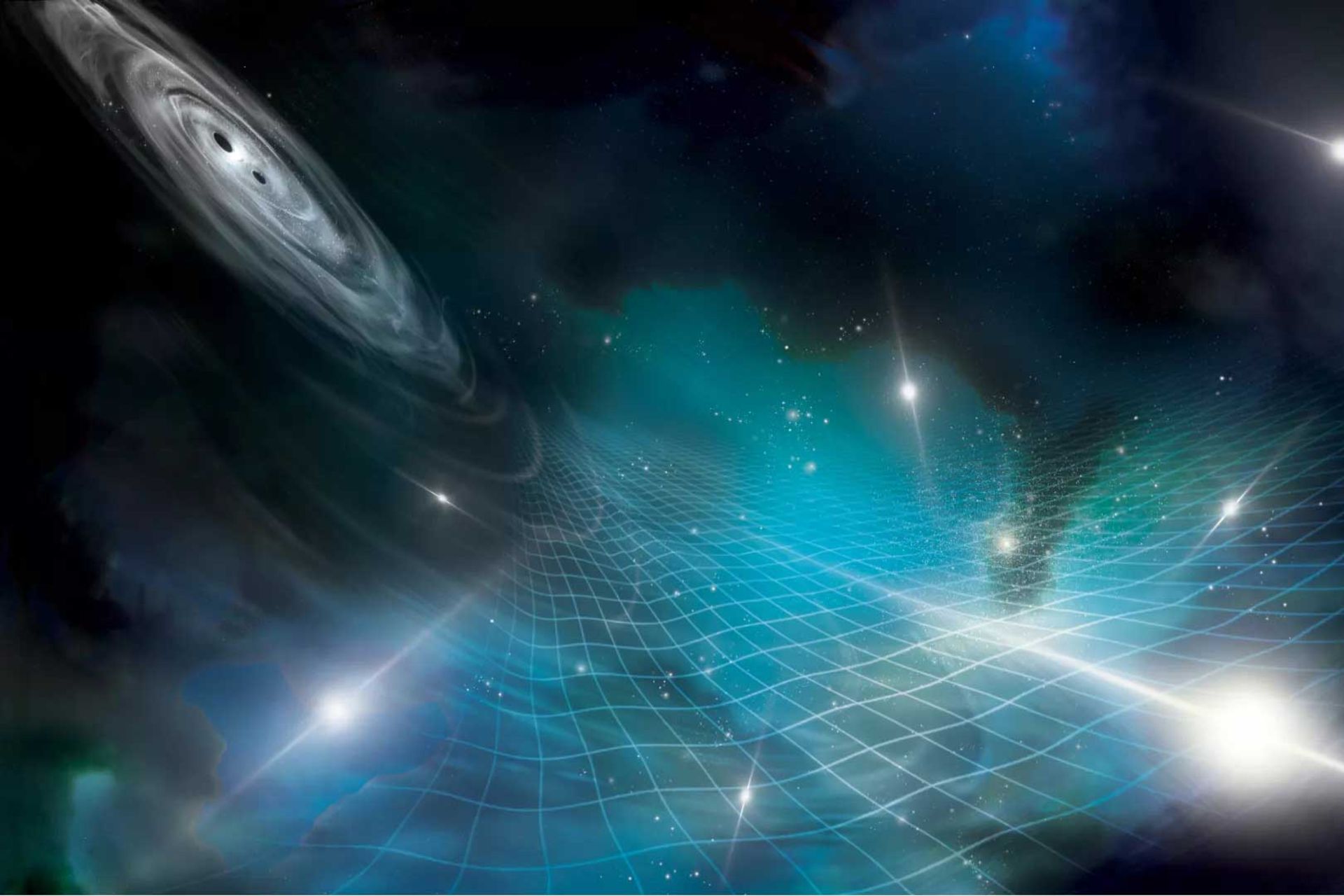 تصویر خیالی مجموعه‌ای از تپ‌اخترها که تحت‌تاثیر امواج گرانشی تولید‌شده از سیاه‌چاله‌ها قرار گرفته‌اند
