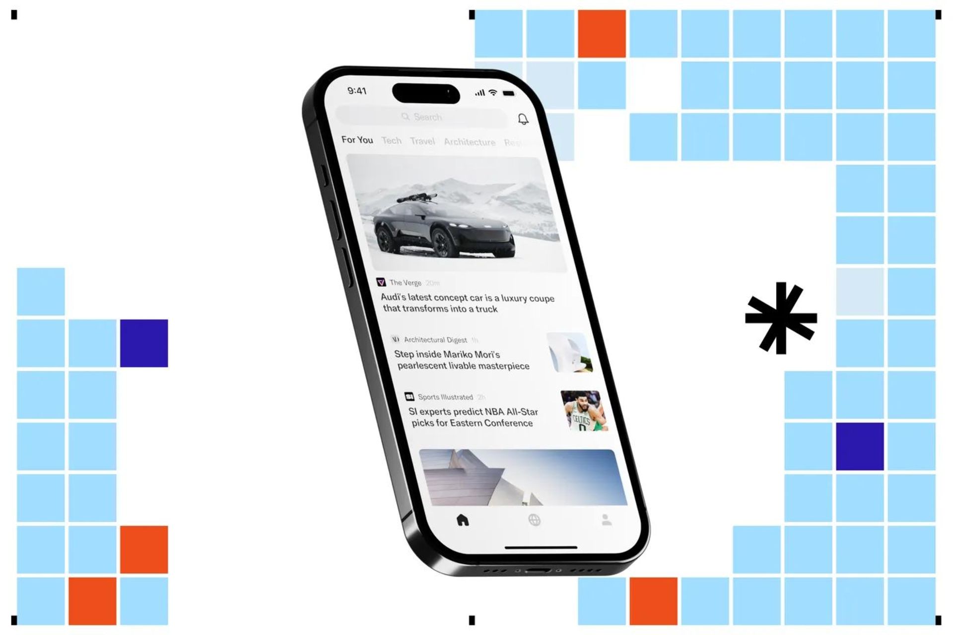 آرتیفکت روی گوشی هوشمند با پس زمینه آبی مربعی و سفید ساده