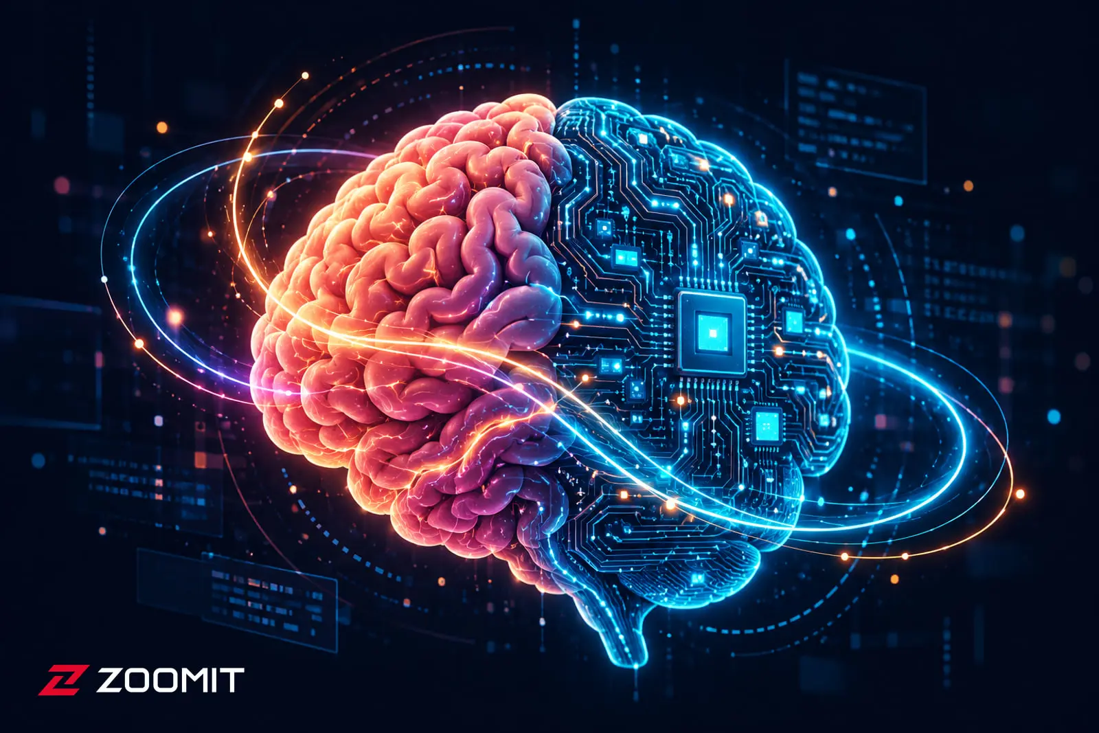 مغز انسان در ترکیب با مدارهای الکترونیکی برای نمایش هوش مصنوعی (AI)