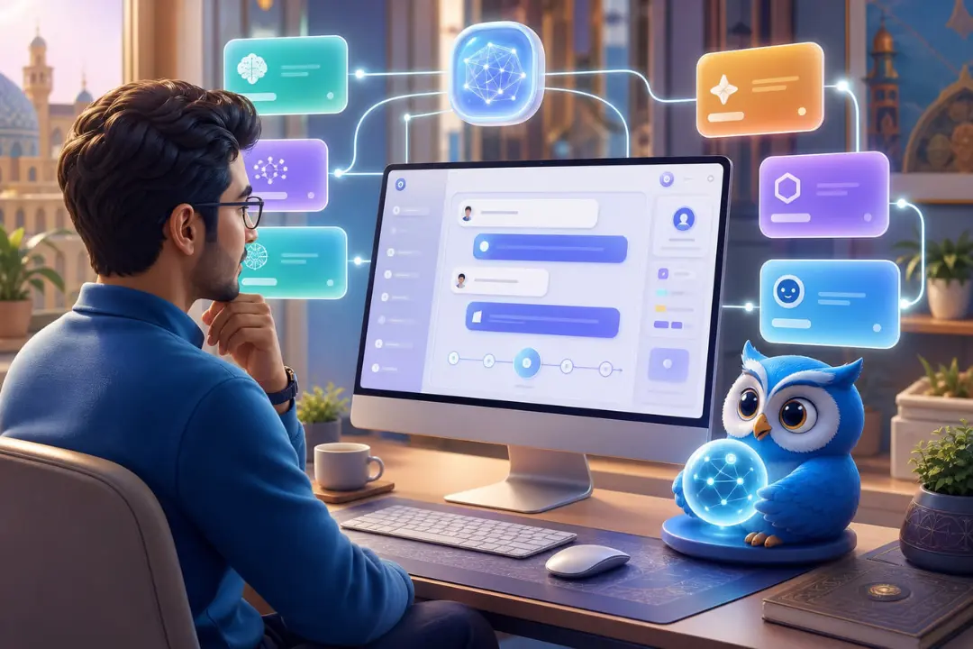 مرد جوان در حال کار با رابط کاربری هوش مصنوعی (Artificial Intelligence) در محیط دیجیتال