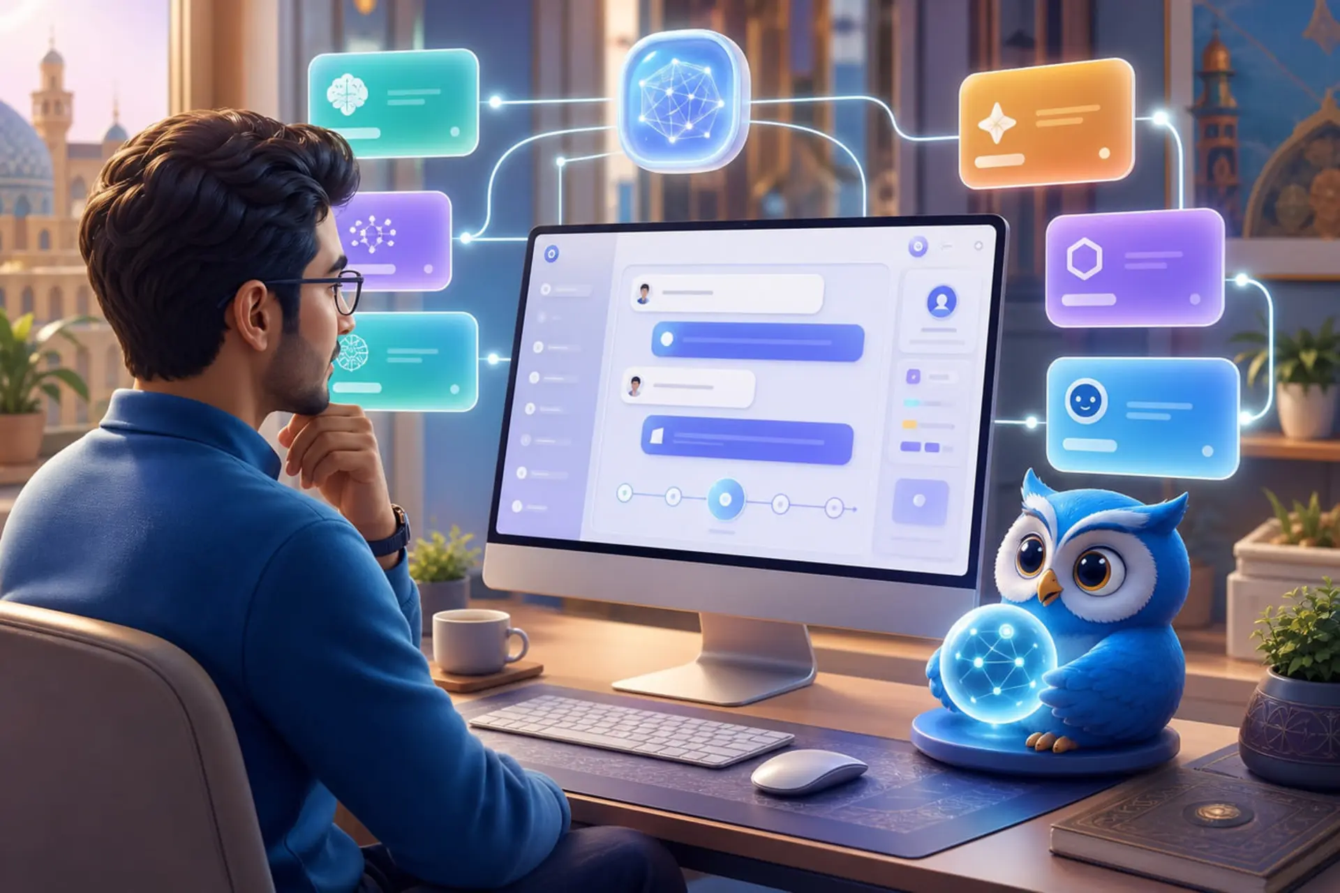 مرد جوان در حال کار با رابط کاربری هوش مصنوعی (Artificial Intelligence) در محیط دیجیتال