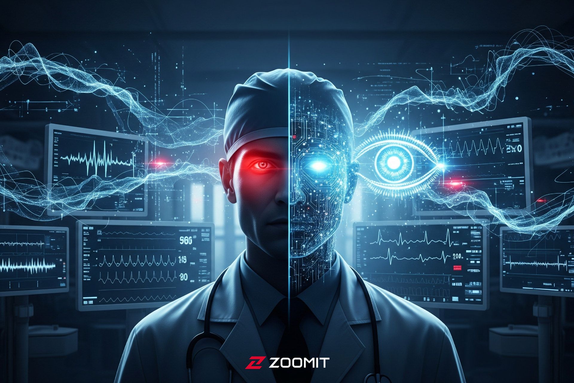 تصویرسازی دیجیتال پزشک در محیط بیمارستان که نیمی از چهره‌اش انسانی و نیم دیگر هوش مصنوعی است