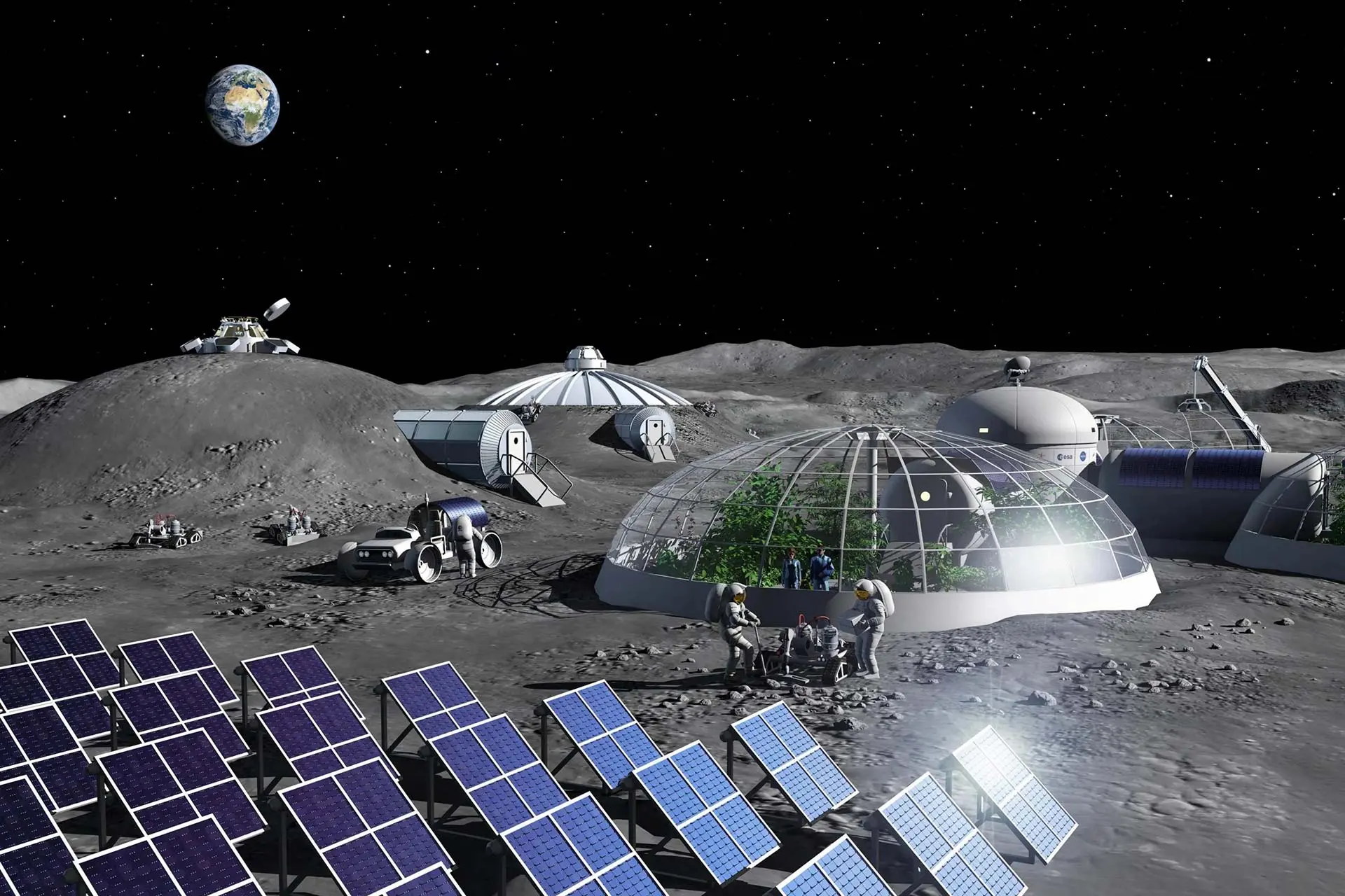 تصویرسازی هنری از پایگاه قمری و عناصری نظیر گنبد شیشه‌ای و پنل‌های خورشیدی